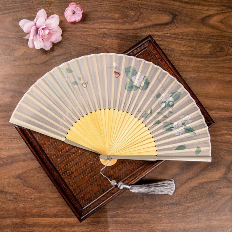 Nimara Ritual Jasmine Lotus Begonia Flowers Handheld Bamboo Folding Fan