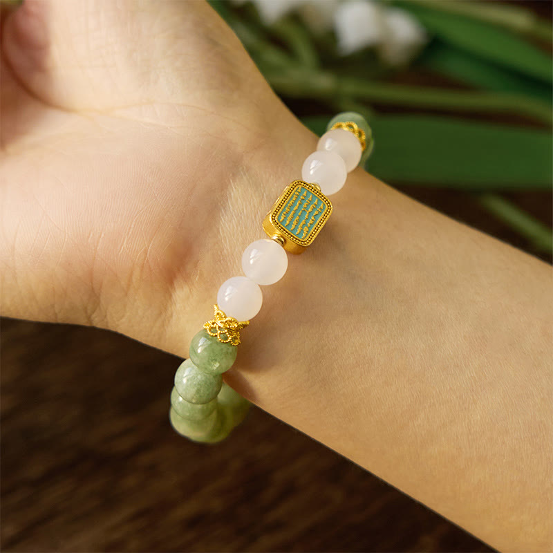 Nimara Ritual Natural Green Jade White Agate Five Scriptures Abundance Bracelet