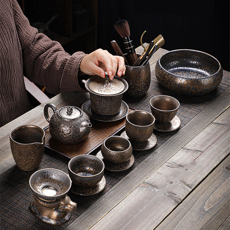 Nimara Ritual Retro Rust Glaze Ceramic Gaiwan Sancai Teacup Kung Fu Tea Cup And Saucer With Lid