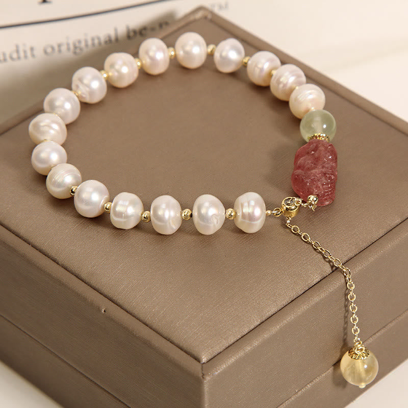 Nimara Ritual Natural Pearl Strawberry Quartz PiXiu Optimism Charm Bracelet