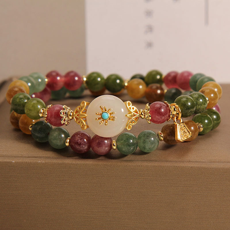 Nimara Ritual Natural Multicolored Tourmaline Positive Jade Flower Double Wrap Bracelet