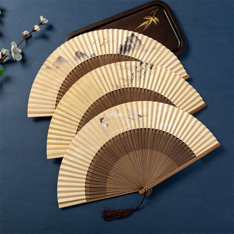 Nimara Ritual Lotus Dragonfly Wild Geese Plum Blossom Handheld Silk Bamboo Folding Fan 22.5cm