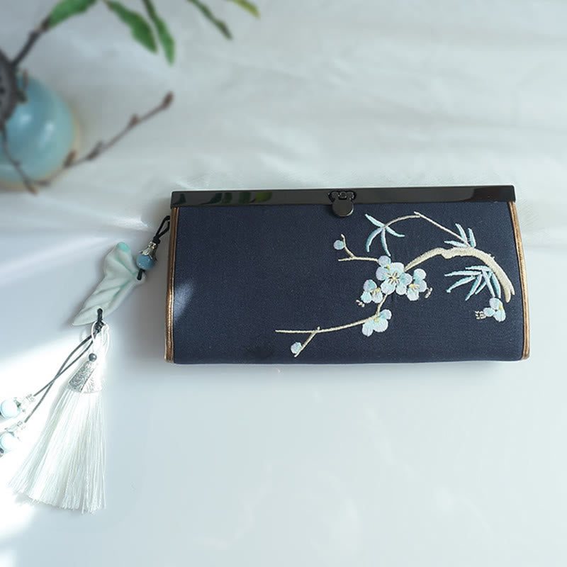 Nimara Ritual Flower Plum Peach Blossom Bamboo Double-sided Embroidery Large Capacity Cash Holder Wallet Shopping Purse