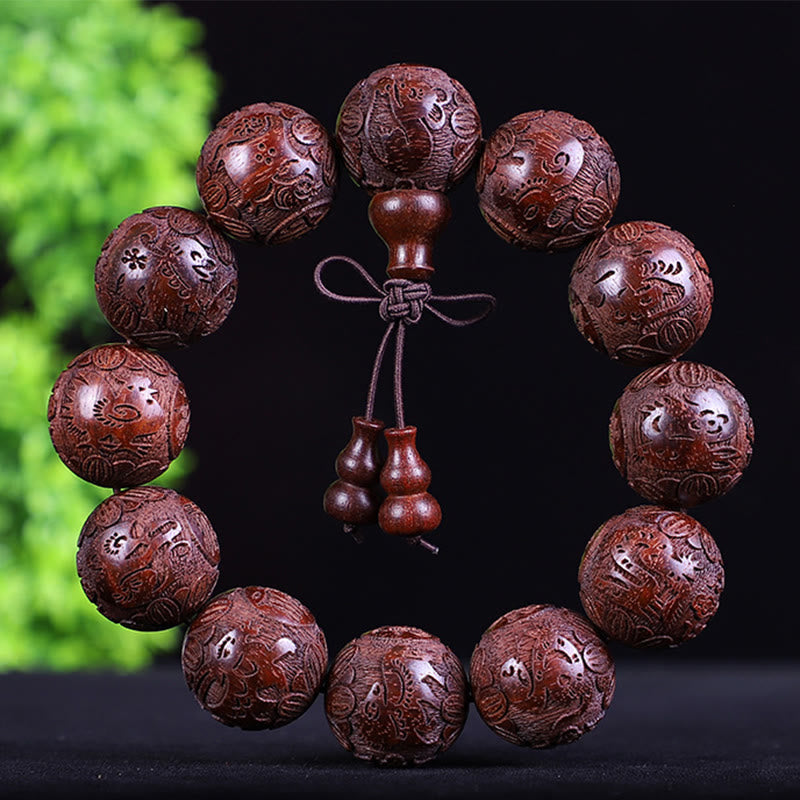 Nimara Ritual Chinese Zodiac Rosewood Ebony Copper Coin PiXiu Carved Warmth Bracelet
