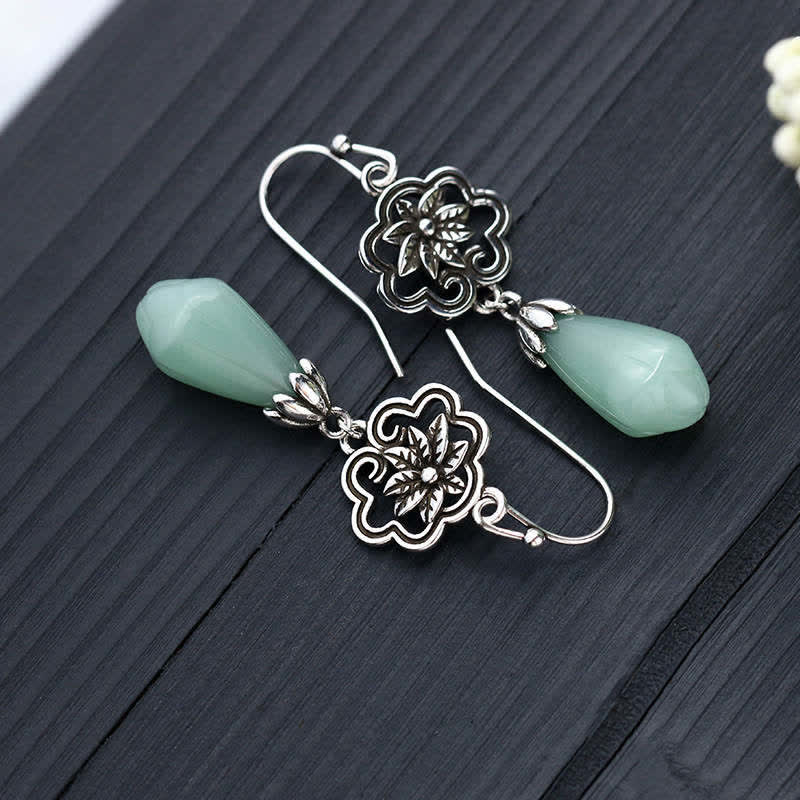 Nimara Ritual Magnolia Flower Jade Water Drop Prosperity Dangle Earrings