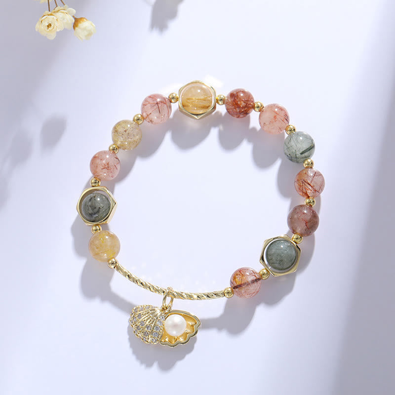 Nimara Ritual Natural Colorful Rutilated Quartz Shell Protection Bead Bracelet
