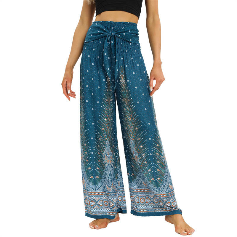 Nimara Ritual Boho Peacock Feathers Lace-up Wide Leg Pants Women's Yoga Pants