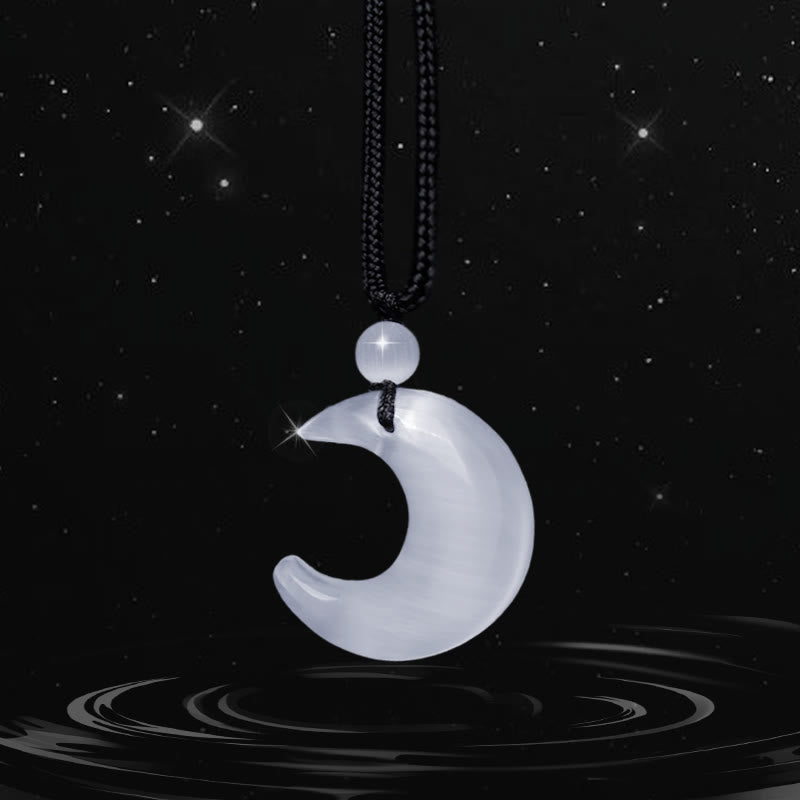 Nimara Ritual Natural Silver Sheen Obsidian Selenite Crystal Crescent Moon Yin Yang Couple Protection Necklace Pendant