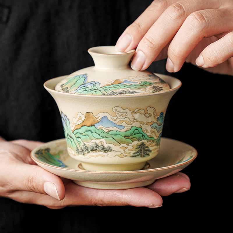 Nimara Ritual A Panorama of Rivers and Mountains Flowers Ceramic Gaiwan Sancai Teacup Kung Fu Tea Cup And Saucer With Lid
