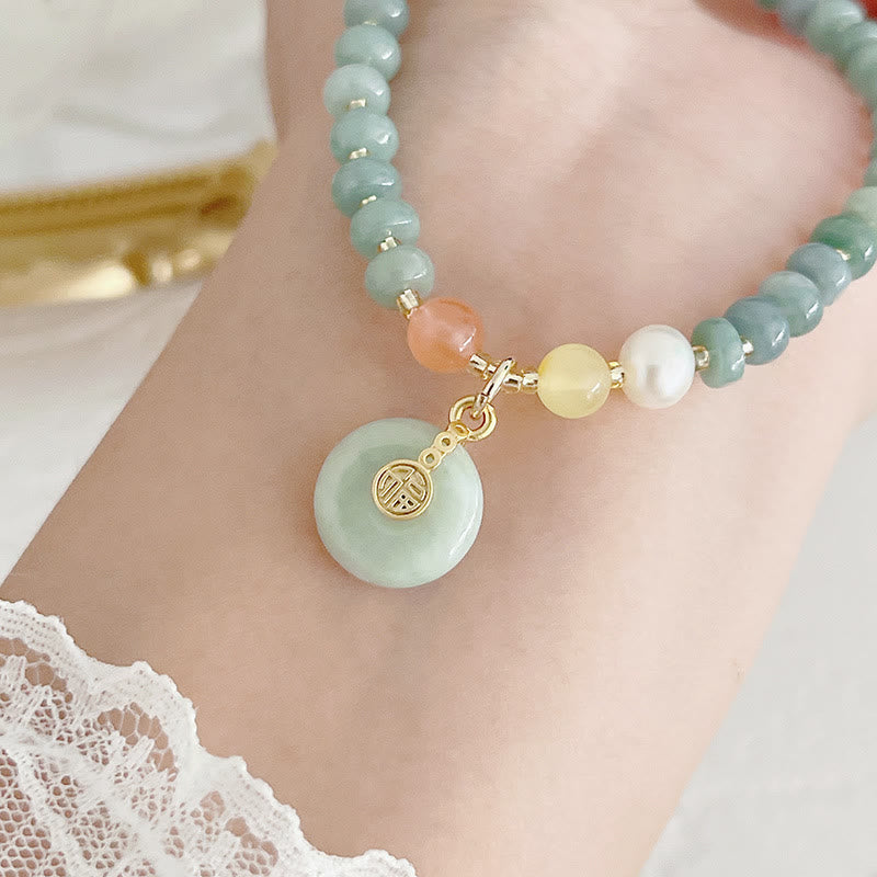 Nimara Ritual Natural Hetian Jade Pearl Peace Buckle Fu Character Gourd Money Bag Strawberry Quartz PiXiu Luck Bracelet