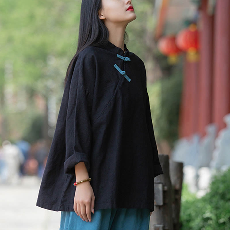 Nimara Ritual Ramie Linen Loose Blouse Women Long Sleeve Shirt Chinese Hanfu Top