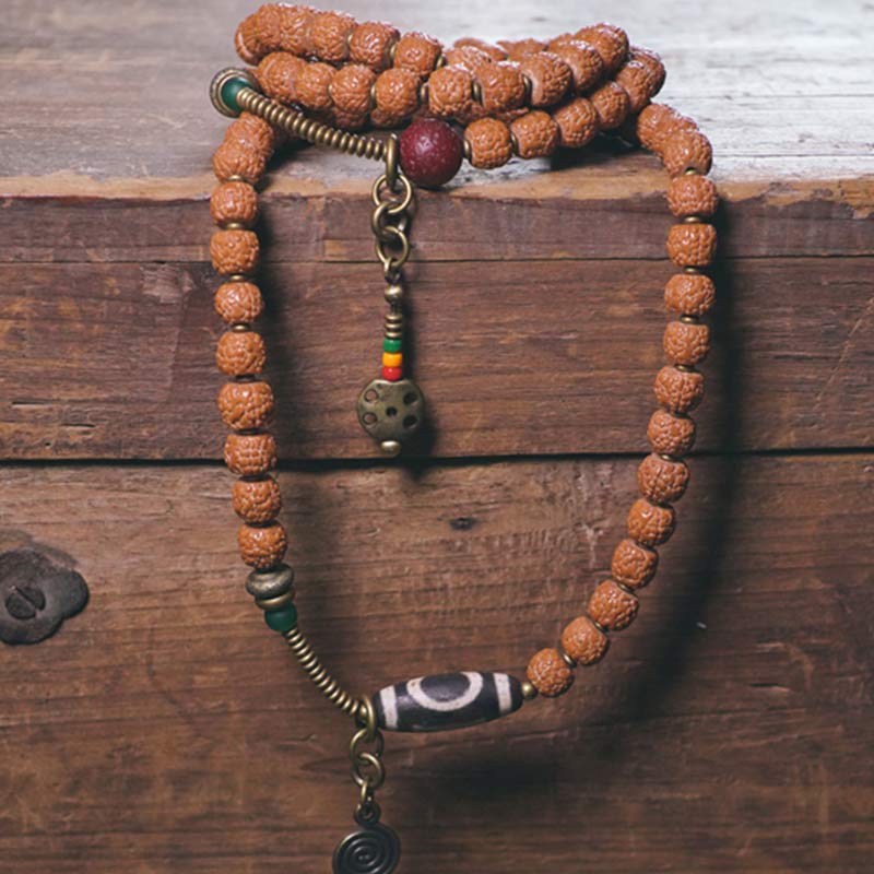 Nimara Ritual 108 Mala Rudraksha Beads Bodhi Seed Dzi Bead Luck Auspiciousness Tassel Bracelet