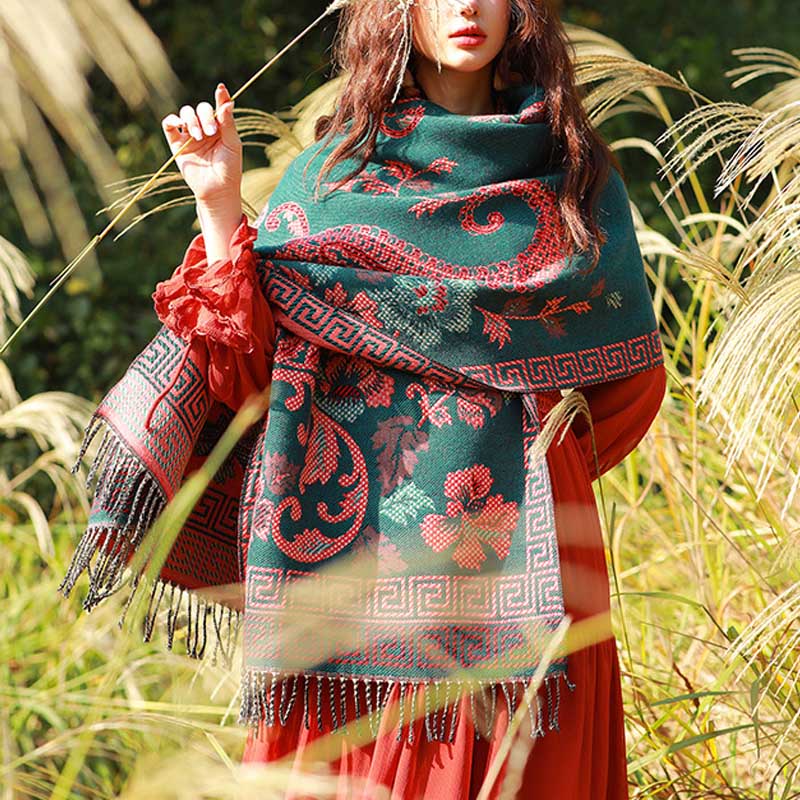 Nimara Ritual Tibetan Flowers Leaves Pattern Design Shawl Cozy Travel Scarf Wrap