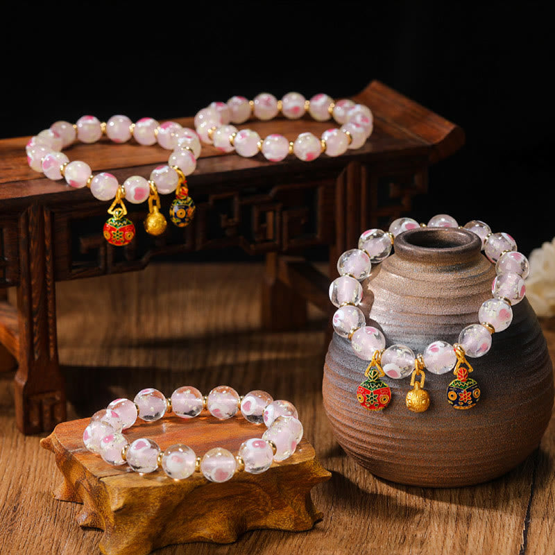 Nimara Ritual Gold Swallowing Beast Family Charm Luminous Pink Love Heart Fluorescent Liuli Glass Bead Blessings Bracelet