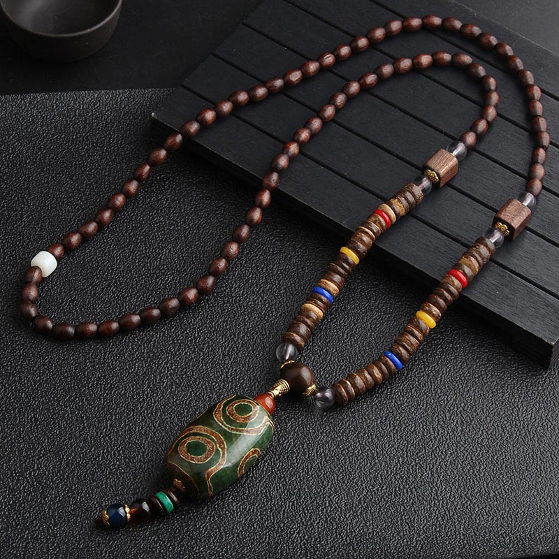 Nimara Ritual Turquoise Dzi Bead Prayer Wheel Wenge Wood Meditation Necklace