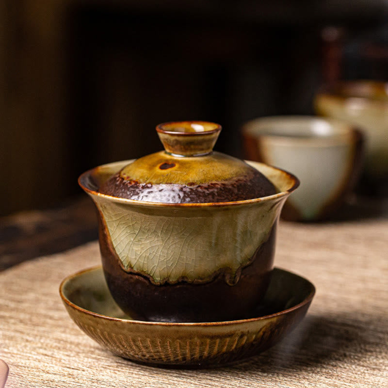 Nimara Ritual Vintage Brown Kiln Change Design Porcelain Ceramic Gaiwan Sancai Teacup Kung Fu Tea Cup And Saucer With Lid
