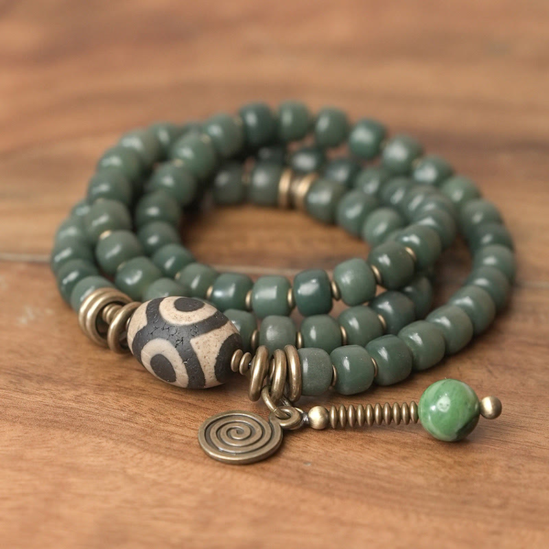 Nimara Ritual Cyan Bodhi Seed Dzi Bead Wisdom Peace Triple Wrap Bracelet