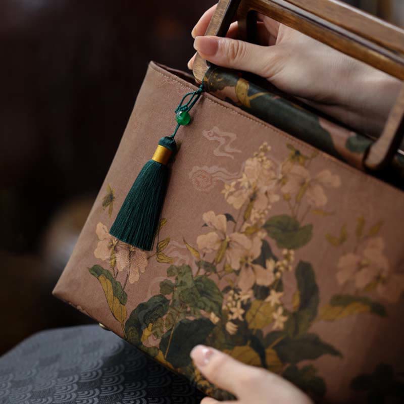 Nimara Ritual Vintage Brown Flowers Green Bamboo Leaves Wood Handles Zipper Handbag