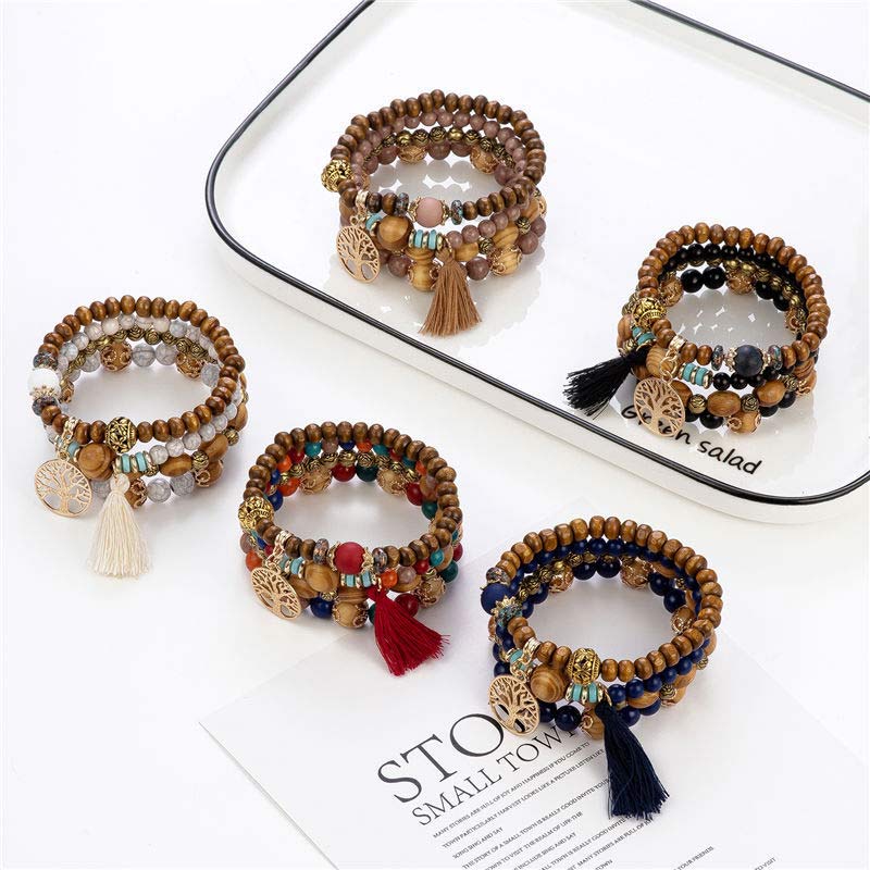 Nimara Ritual Wenge Wood Layered Tree Tassel Healing Bracelet