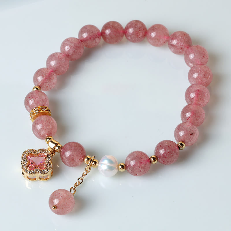 Nimara Ritual Strawberry Quartz Pearl Four Leaf Clover Charm Healing Bracelet