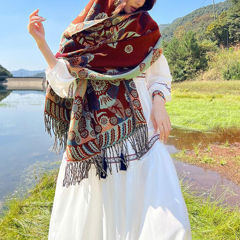 Nimara Ritual Tibetan Flower Floral Leaves Pattern Design Shawl Cozy Travel Scarf Wrap