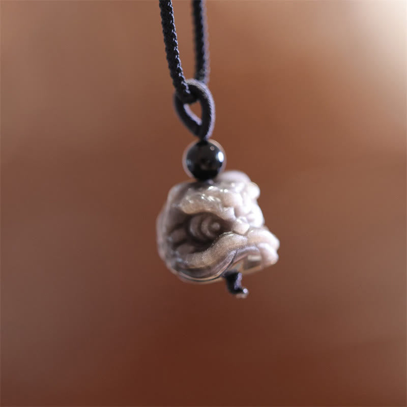 Nimara Ritual Natural Silver Sheen Obsidian Dancing Lion Protection Necklace Pendant