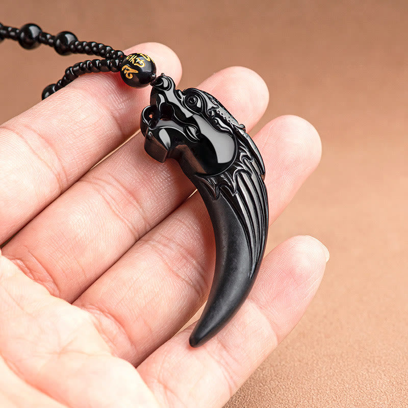 Nimara Ritual Natural Black Jade Chinese Zodiac Dragon Tooth Pattern Protection Necklace Pendant