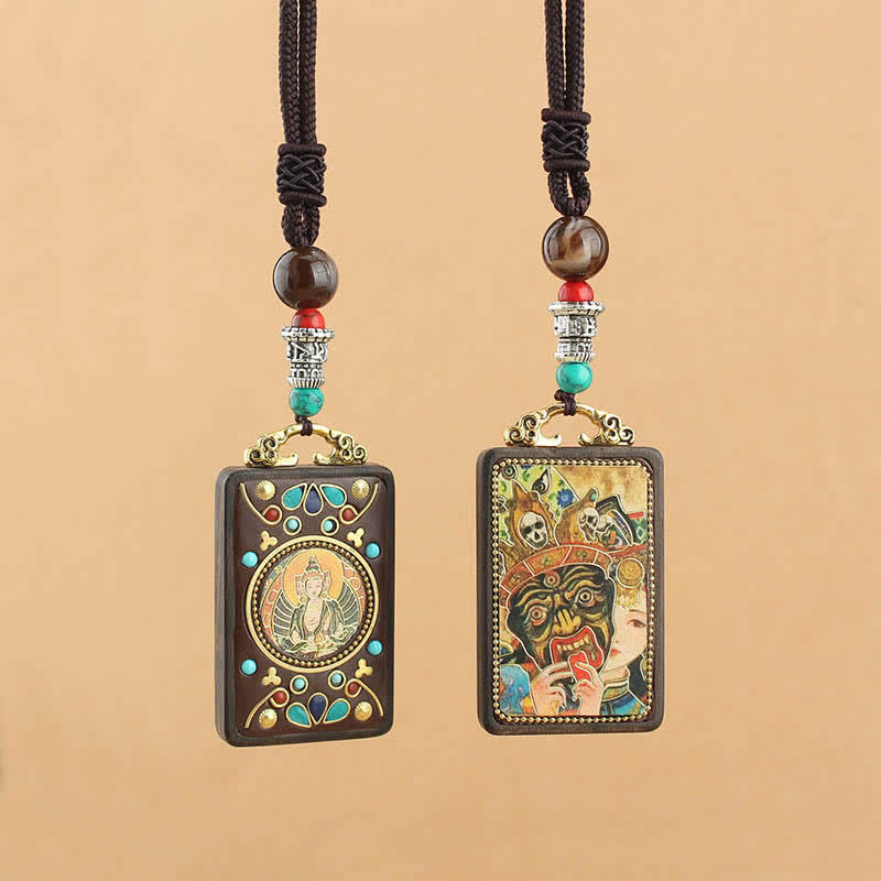 Nimara Ritual Tibet God of Wealth Thangka Ebony Peace Necklace Pendant