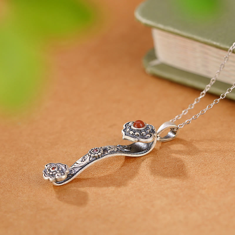 Nimara Ritual 925 Sterling Silver Red Agate Cyan Jade Auspicious Clouds Ruyi Handle Blessing Necklace Pendant