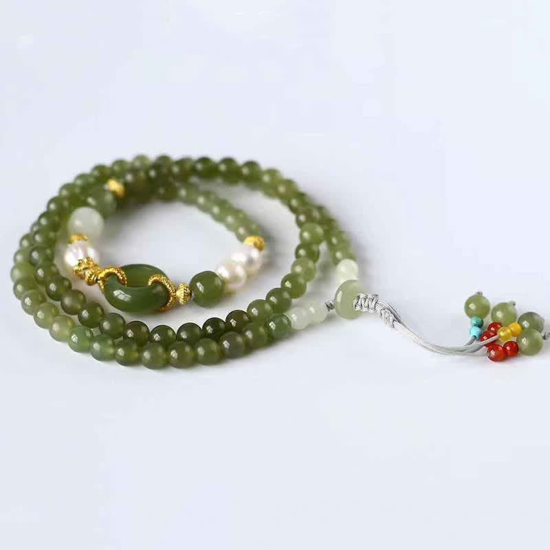 Nimara Ritual Hetian Jade Pearl Peace Buckle Luck Wealth String Bracelet