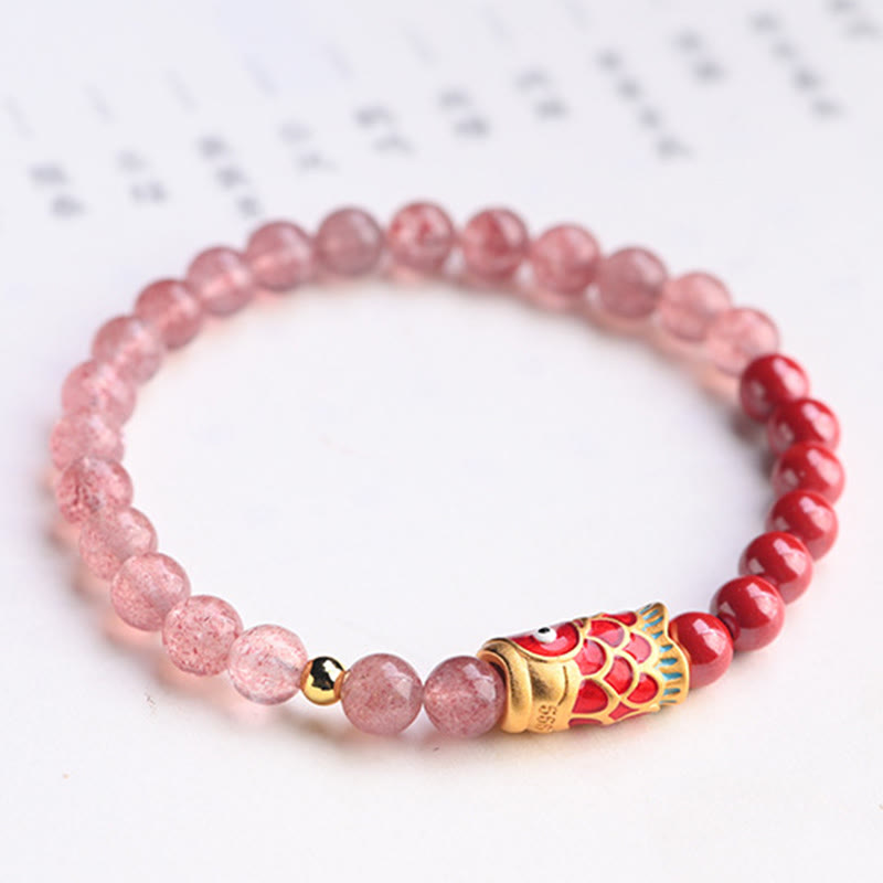 Nimara Ritual Natural Strawberry Quartz Cinnabar Lucky Koi Fish Healing Bracelet