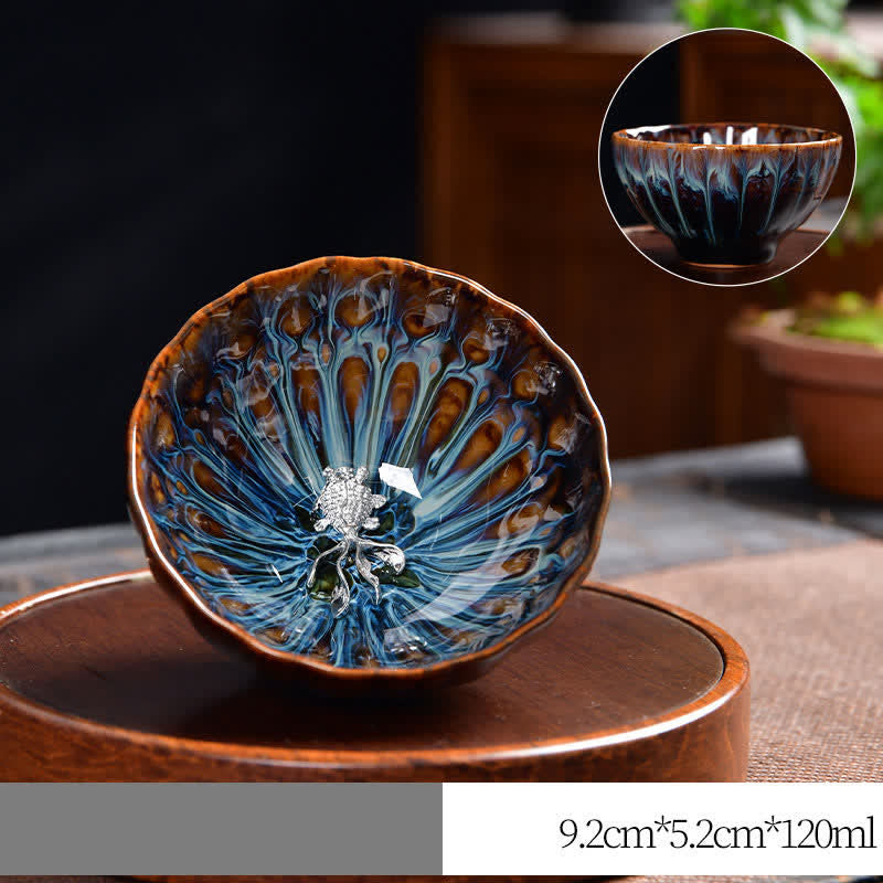 Nimara Ritual Lotus Peacock Dragon Phoenix Koi Fish Ceramic Teacup Inlaid Tea Cups 120ml