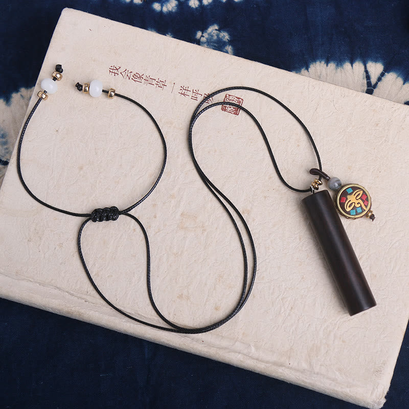 Nimara Ritual Tibetan Ebony Wood Dzi Bead Peace Calm Necklace Pendant