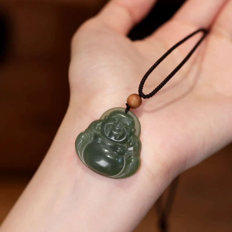 Nimara Ritual Laughing Buddha Hetian Jade Healing Calm Necklace String Pendant
