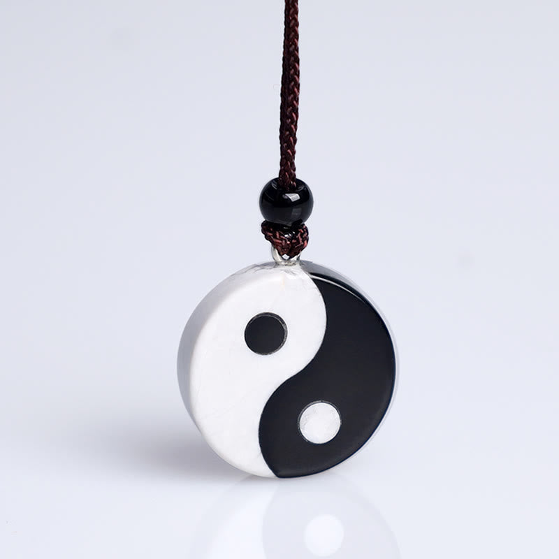 Nimara Ritual Natural Black Obsidian White Turquoise Yin Yang Fulfilment Strength Necklace Pendant