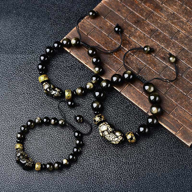 Nimara Ritual Natural Gold Sheen Obsidian PiXiu Om Mani Padme Hum Wealth Braided Bracelet