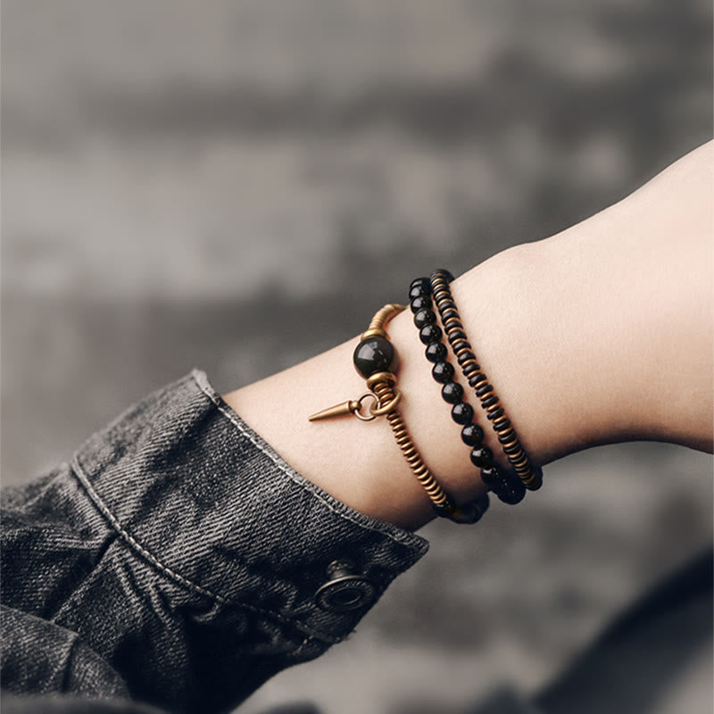 Nimara Ritual Rainbow Obsidian Ebony Wood Copper Healing Triple Wrap Bracelet