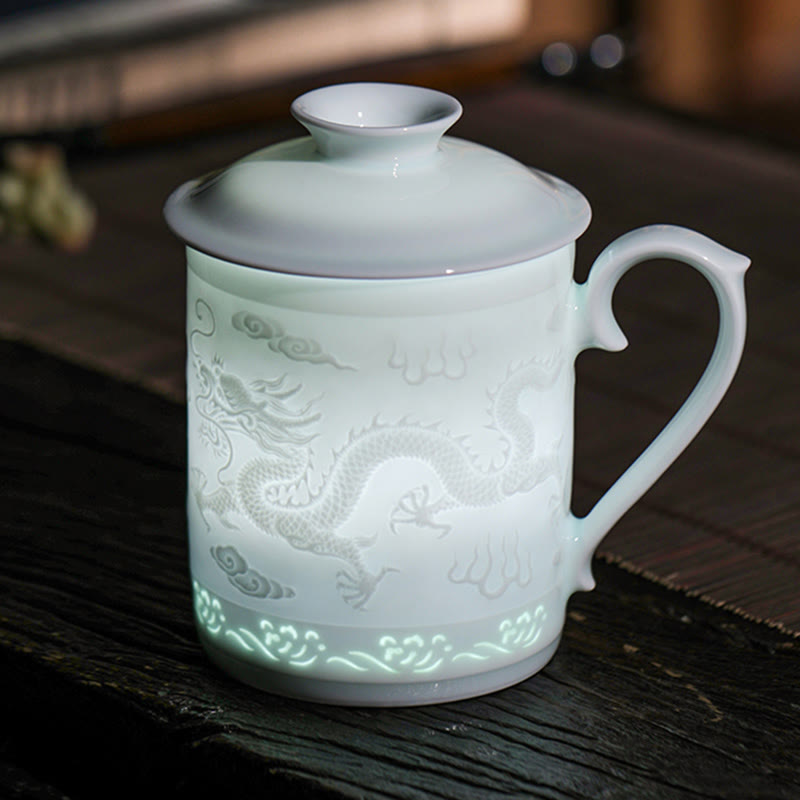 Nimara Ritual Jingdezhen Linglong Porcelain Auspicious Dragon Phoenix Boat Smooth Sailing Ceramic Teacup Office Tea Cups 420ml