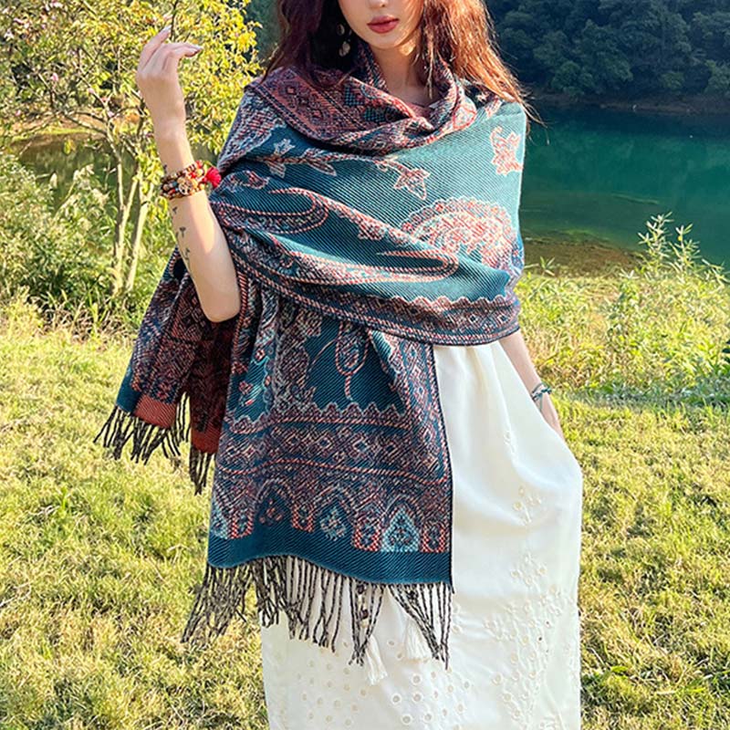 Nimara Ritual Vintage Tibetan Leaves Pattern Design Shawl Cozy Travel Scarf Wrap