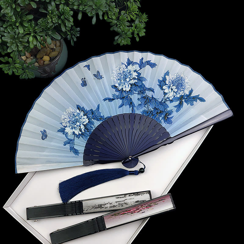 Nimara Ritual Vintage Bamboo Peony Butterfly Lotus Handheld Silk Folding Fan With Bamboo Frames