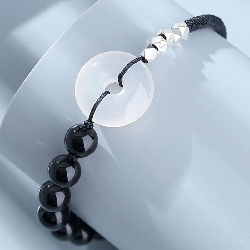 Nimara Ritual 925 Sterling Silver Black Obsidian Agate Peace Buckle Strength Bracelet