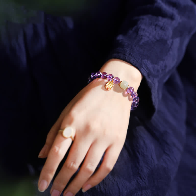Nimara Ritual Natural Amethyst Crystal Hetian Jade Healing Charm Bracelet