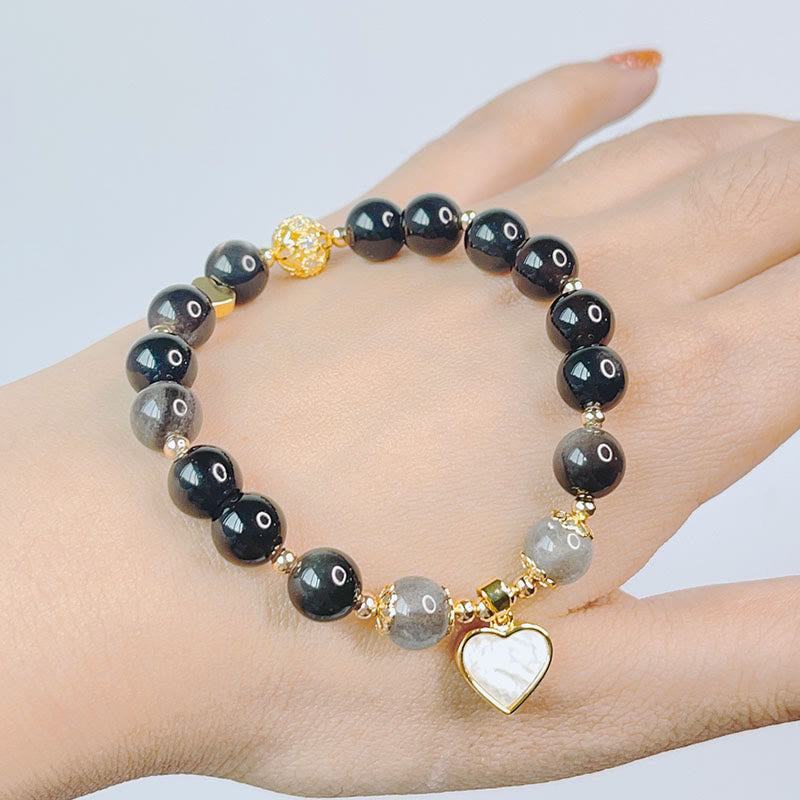 Nimara Ritual Natural Silver Sheen Obsidian Love Heart Star Flower Protection Bracelet