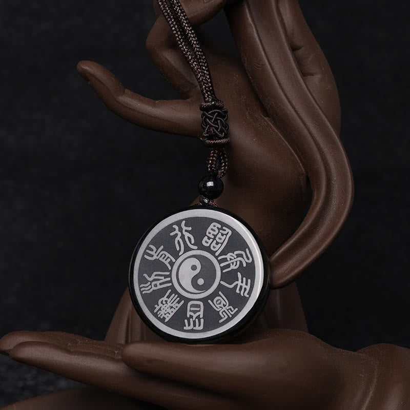 Nimara Ritual Black Obsidian Taoism Five Sacred Mountains Nine-Character Mantra Carved Purification Yin Yang Necklace Pendant