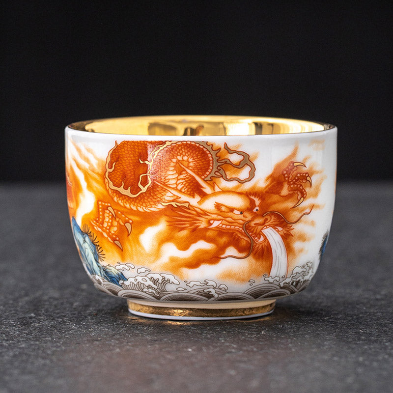 Nimara Ritual Dragon Phoenix Crane Sun Ocean Waves Gilt Ceramic Teacup Kung Fu Tea Cup 170ml