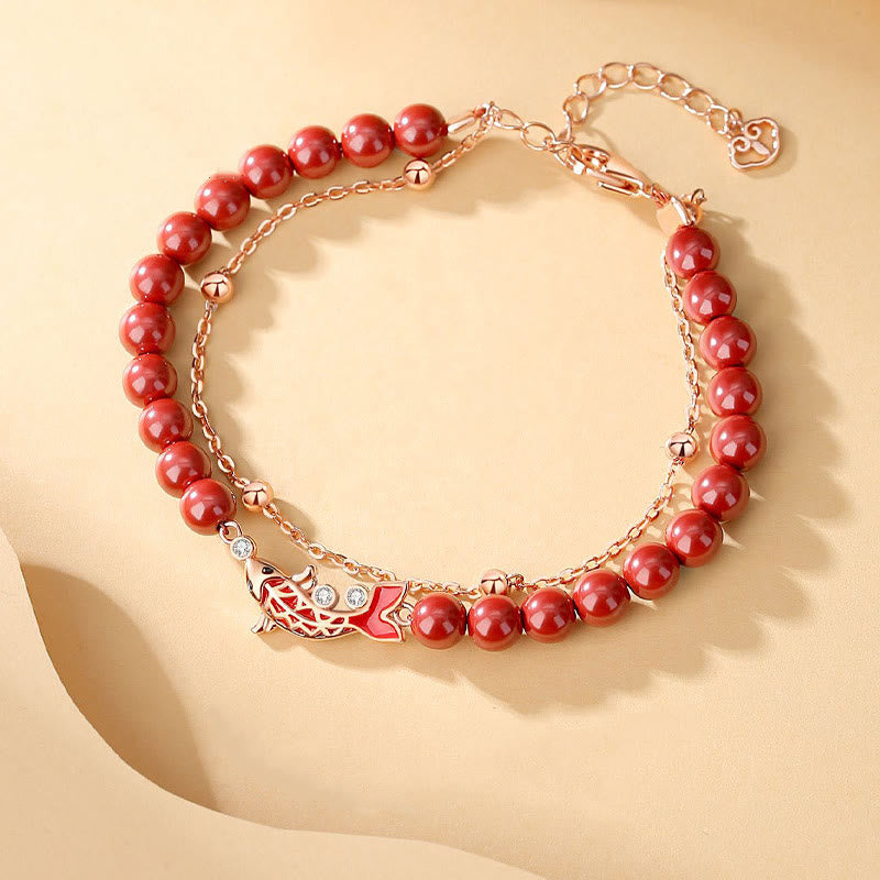 Nimara Ritual 925 Sterling Silver Lucky Koi Fish Cinnabar Zircon Prosperity Double Layer Chain Bracelet