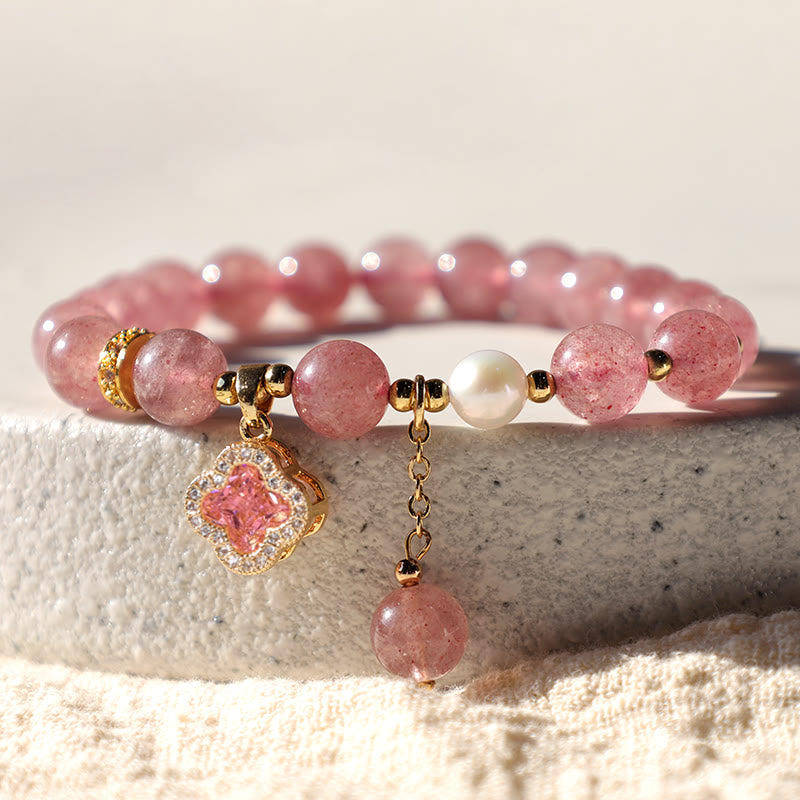Nimara Ritual Strawberry Quartz Pearl Four Leaf Clover Charm Healing Bracelet