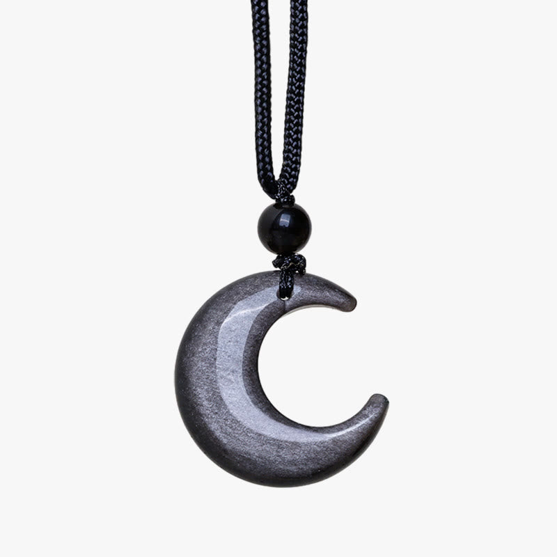 Nimara Ritual Natural Silver Sheen Obsidian Selenite Crystal Crescent Moon Yin Yang Couple Protection Necklace Pendant