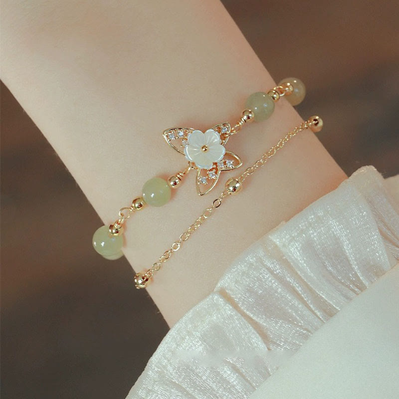 Nimara Ritual 14K Gold Plated Jade Butterfly Tridacna Stone Flower Double Layer Luck Bracelet