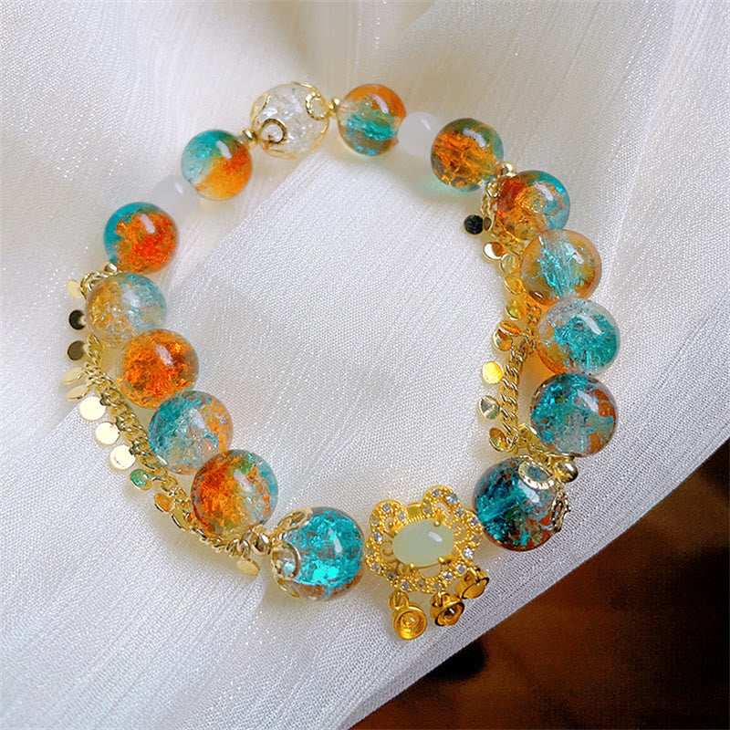 Nimara Ritual Colorful Liuli Glass Bead Chinese Lock Charm Fortune Bracelet